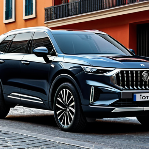 Home 4 A KGM Torres SUV, showcasing its robust and distinctive exterior design, with angular LED headlights and a bold vertical grille, parked on a modern Spanish urban street. The vehicle features muscular lines and an imposing presence, reflecting its adventurous yet refined character. The scene is captured with professional outdoor photography, high resolution, perfect vehicle anatomy, safe for work, appropriate content, fully clothed, professional.