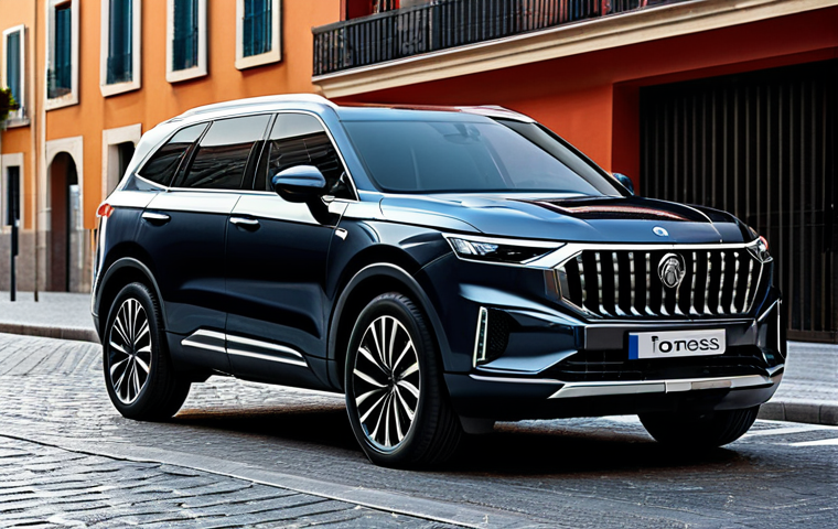 A KGM Torres SUV, showcasing its robust and distinctive exterior design, with angular LED headlights and a bold vertical grille, parked on a modern Spanish urban street. The vehicle features muscular lines and an imposing presence, reflecting its adventurous yet refined character. The scene is captured with professional outdoor photography, high resolution, perfect vehicle anatomy, safe for work, appropriate content, fully clothed, professional.