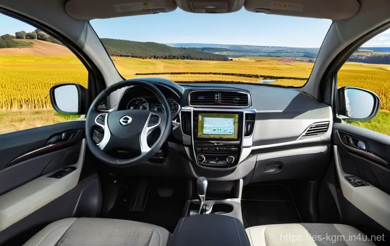 쌍용 렉스턴의 승차감 리뷰 - **Prompt:** A detailed close-up of the SsangYong Rexton's driver's cockpit, emphasizing its premium ...