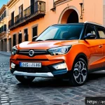 쌍용 티볼리의 경제적 장점 - A sleek, modern SsangYong Tivoli SUV parked on a narrow urban street in a vibrant Spanish city, show...