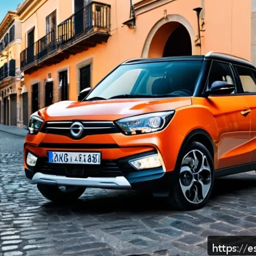 쌍용 티볼리의 경제적 장점 - A sleek, modern SsangYong Tivoli SUV parked on a narrow urban street in a vibrant Spanish city, show...