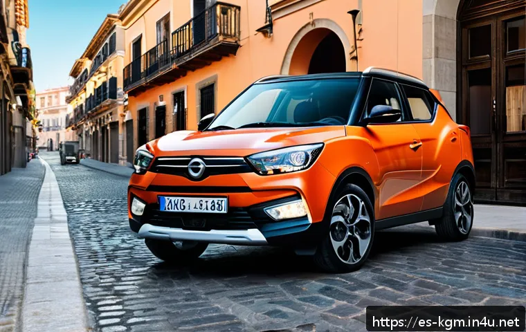 쌍용 티볼리의 경제적 장점 - A sleek, modern SsangYong Tivoli SUV parked on a narrow urban street in a vibrant Spanish city, show...
