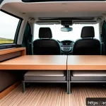 쌍용 렉스턴 스포츠의 캠핑카 개조 - Interior view of a SsangYong Rexton Sports camper conversion showcasing a multifunctional space: a f...