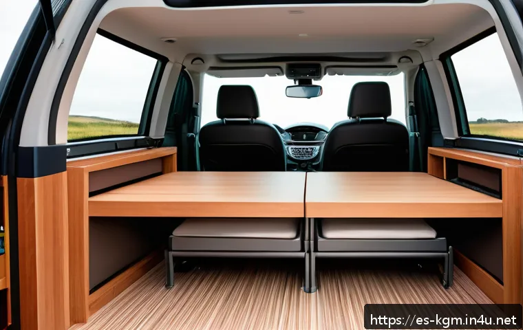 쌍용 렉스턴 스포츠의 캠핑카 개조 - Interior view of a SsangYong Rexton Sports camper conversion showcasing a multifunctional space: a f...