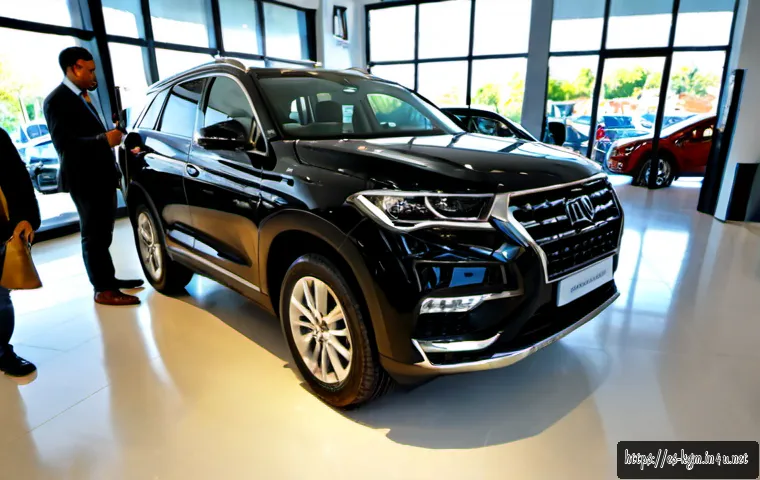 쌍용 토레스 출시 후 시장 반응 - Photorealistic wide-angle scene of a newly launched midsize SUV with a bold rugged design displayed ...